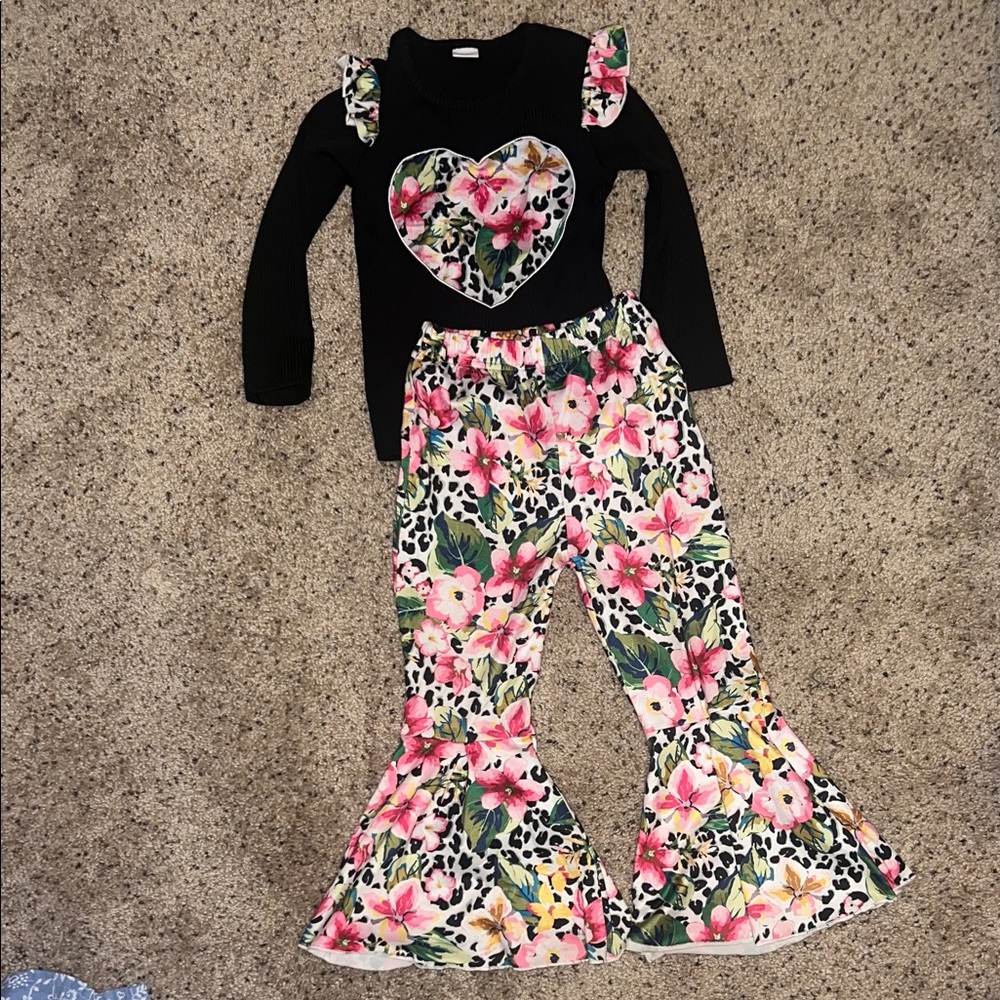 Floral Heart Black Top and Bell Bottom Pants Set